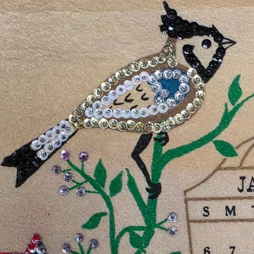 Vintage 1974 Calendar Wall Hanging 30x16.5 Tan Sequin Bird Retro Kitschy Retro